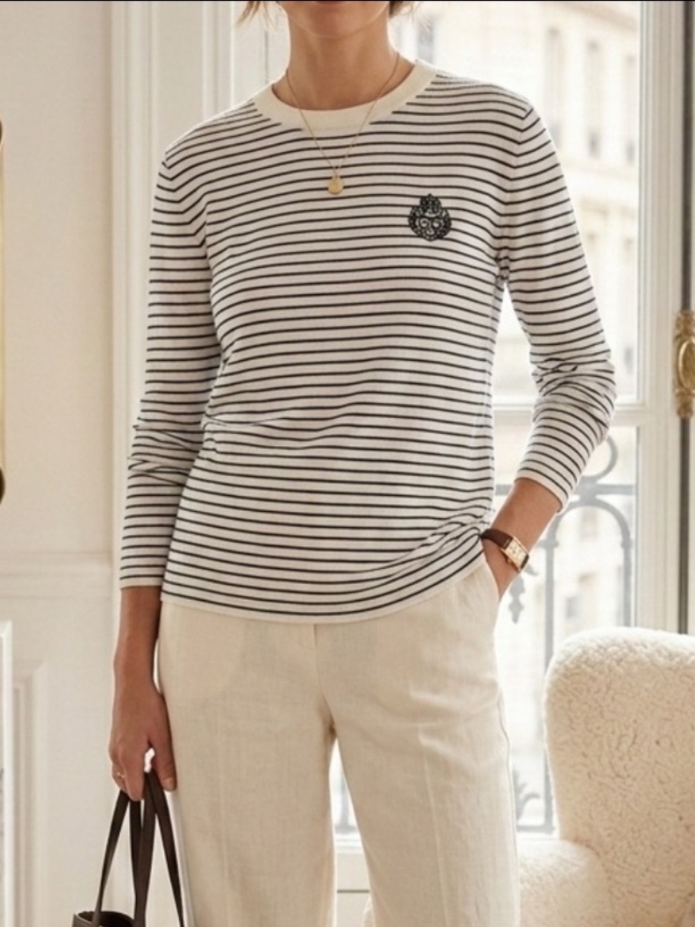 The Kooples Wool Cashmere Crest Striped Crewneck Sweater NWT Medium - Picture 1 of 9